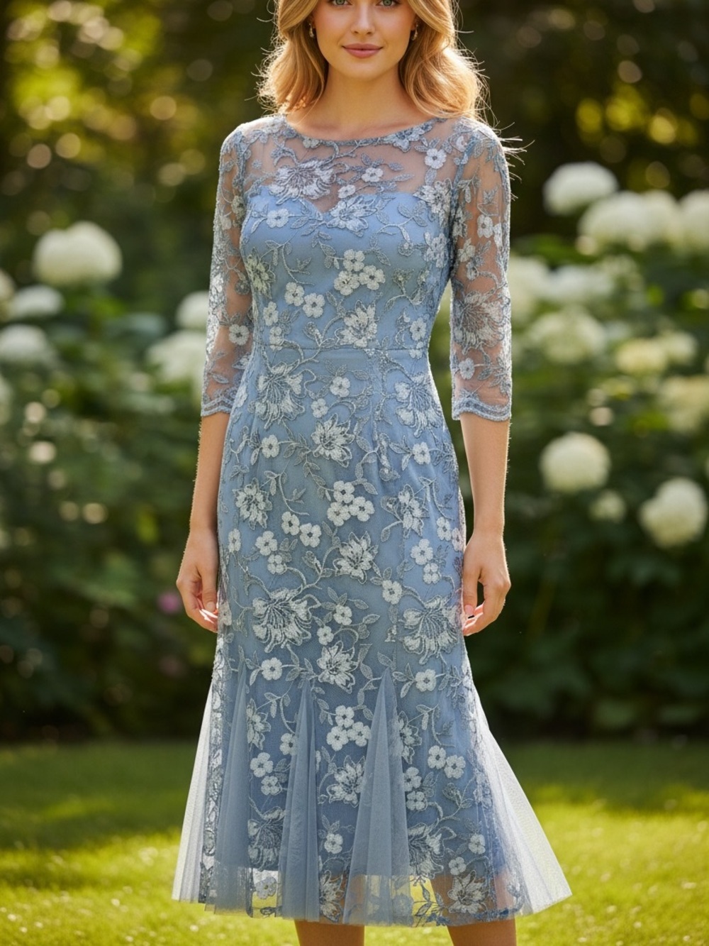 Alex Evenings Dusty Blue Embroidered Mesh Midi Dress Floral Sequin Wedding Guest